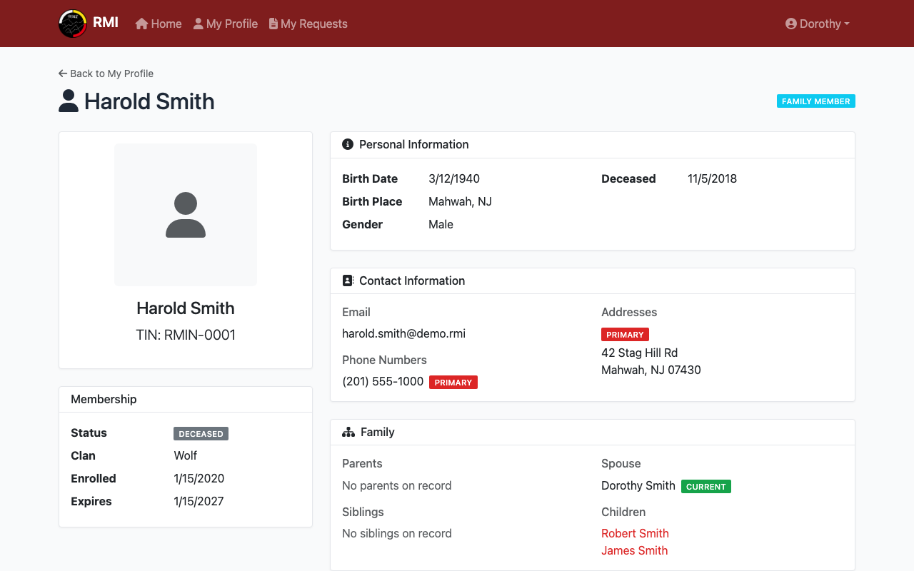 Family member profile page