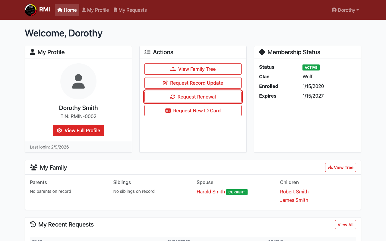 Dashboard with Request Renewal button