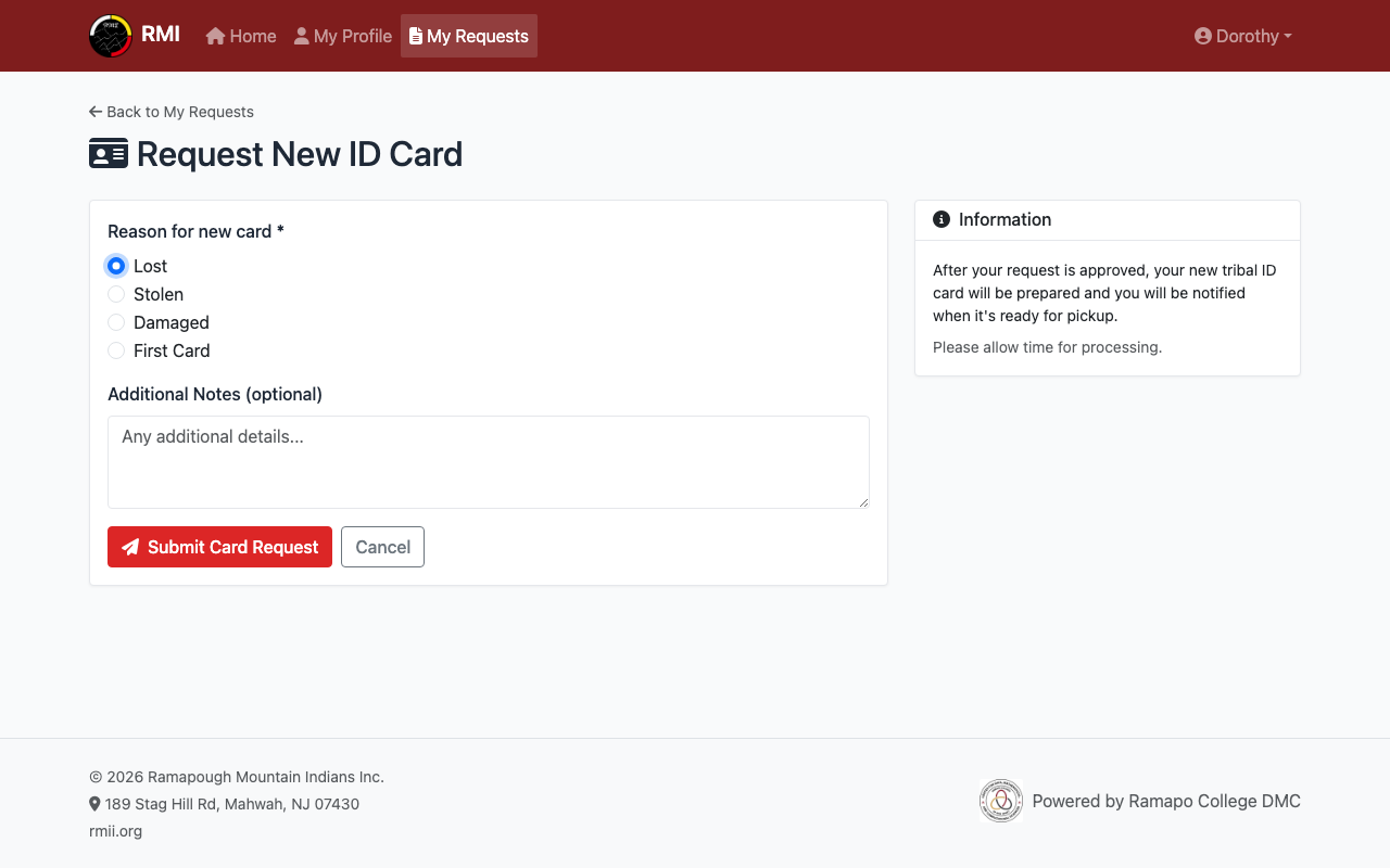 Card request form with reason options