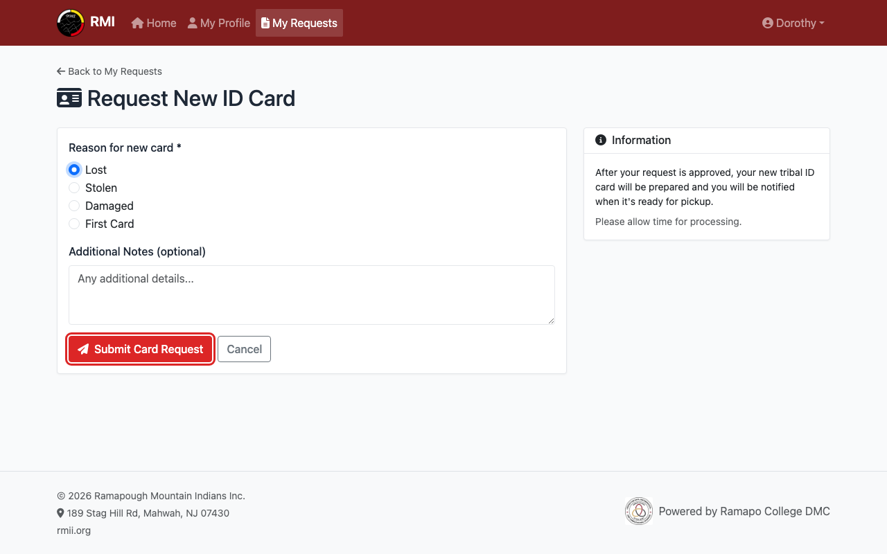 Submit card request button