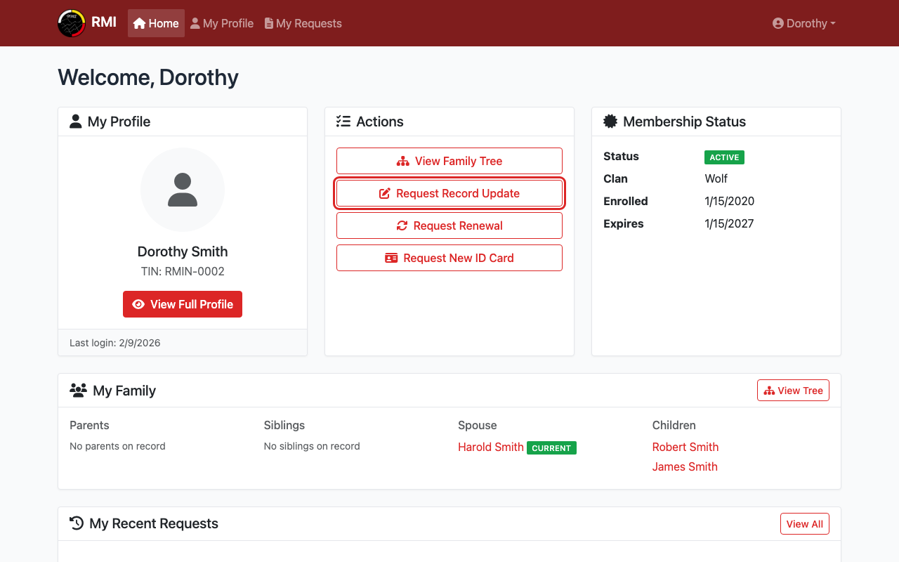 Dashboard with Request Record Update button