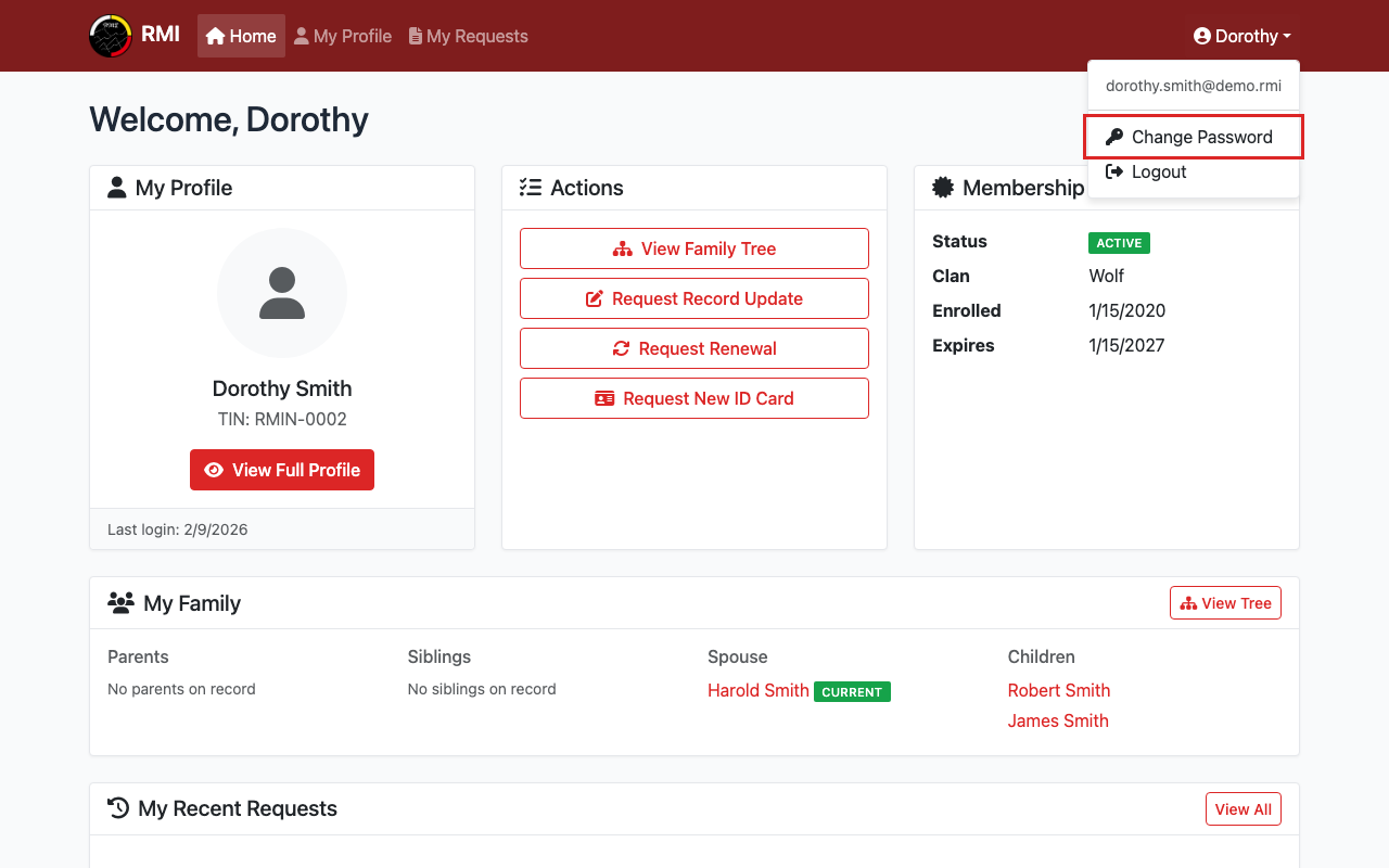 User dropdown menu with Change Password