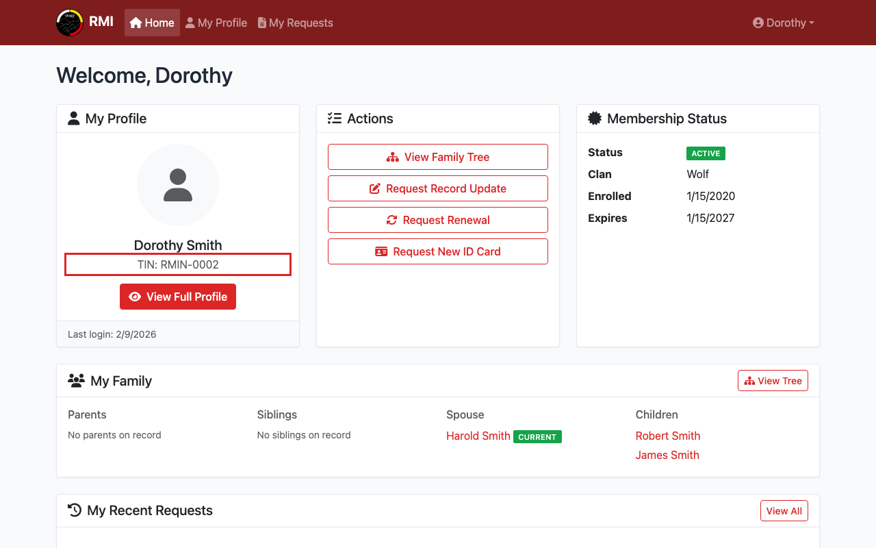 Dashboard showing TIN